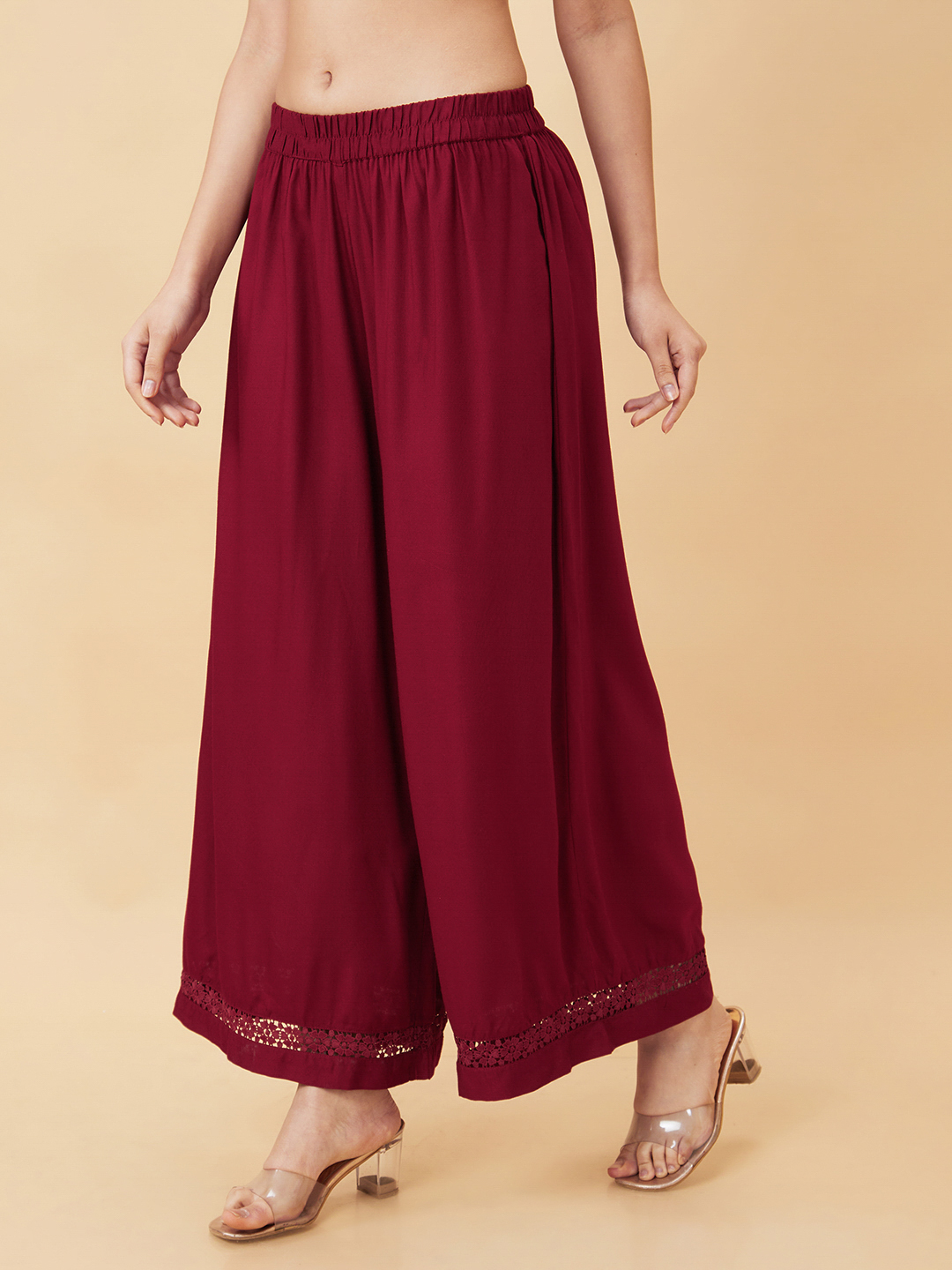 Globus Women Maroon Solid Ethnic Wide Leg Palazzo with Lace at Hem