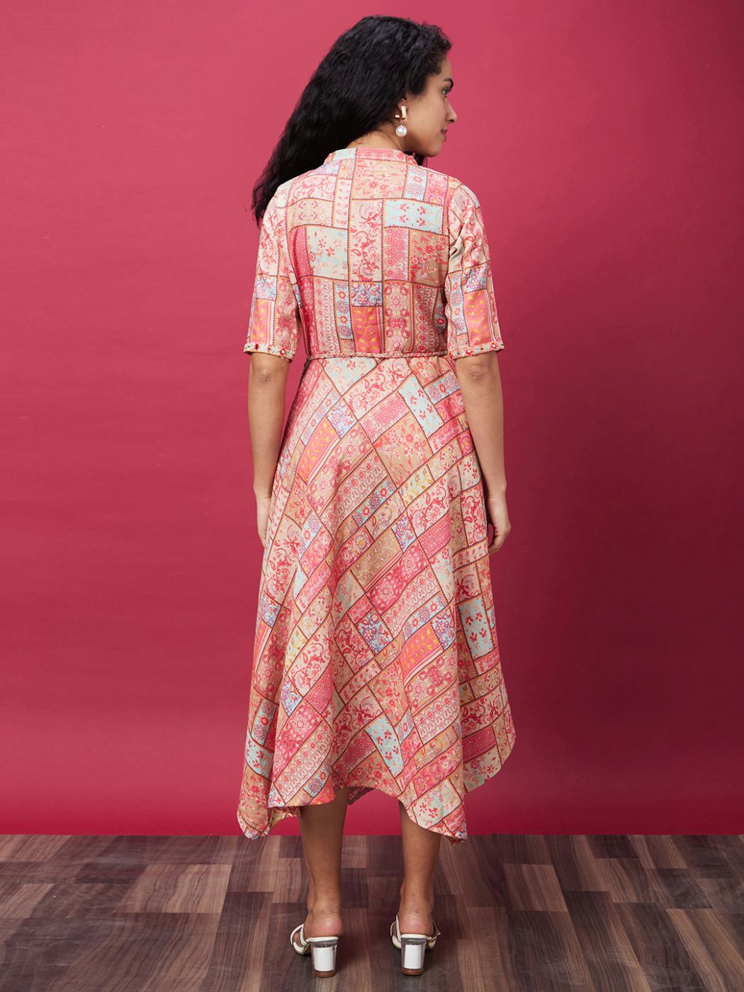 Globus Coral Mandarin Collar All Over Printed Belted Dress