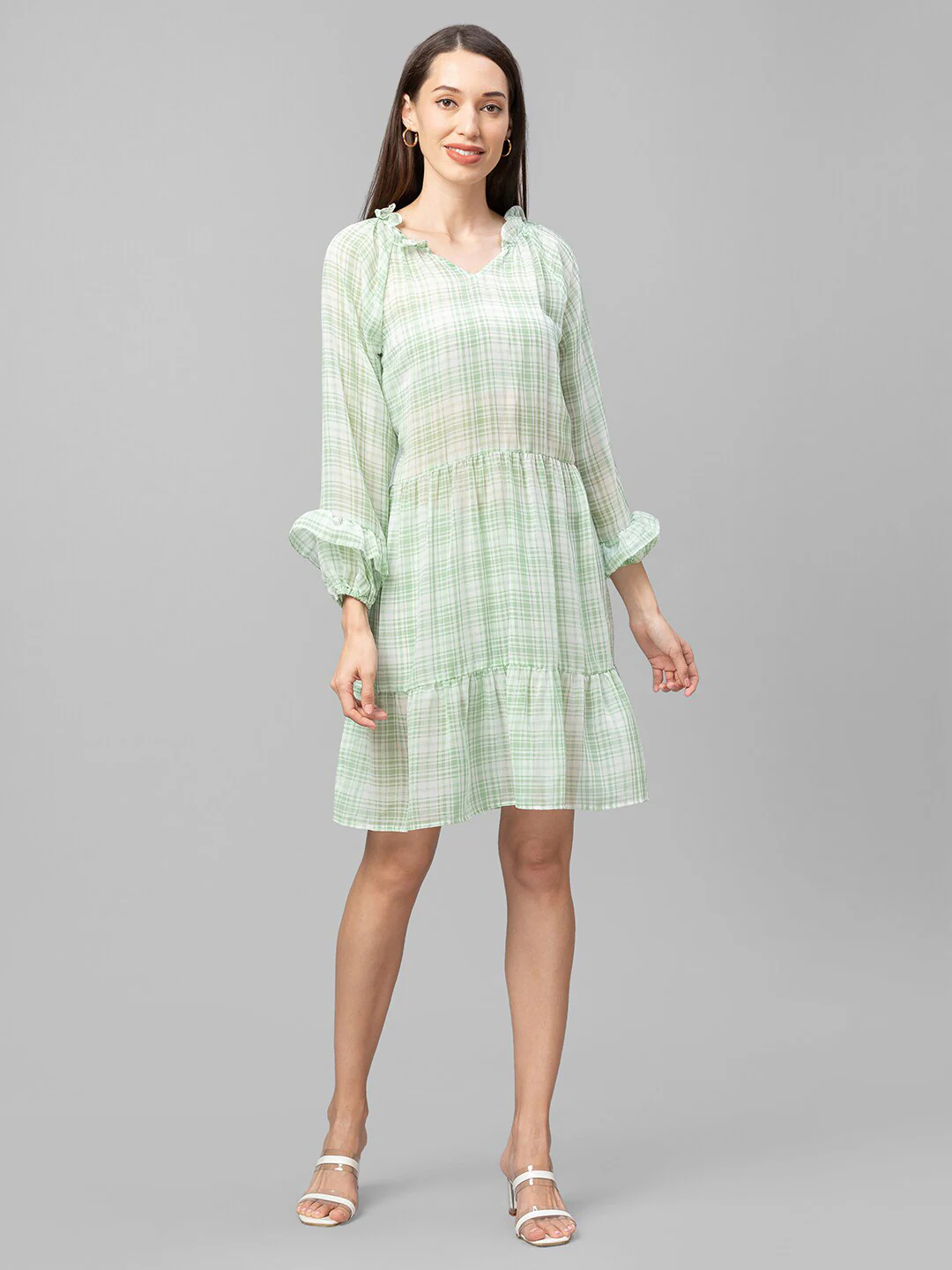 Globus Green Checked A-Line Dress