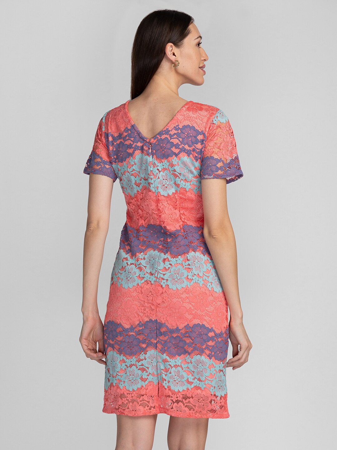 Globus Coral Self Design A-Line Lace Dress