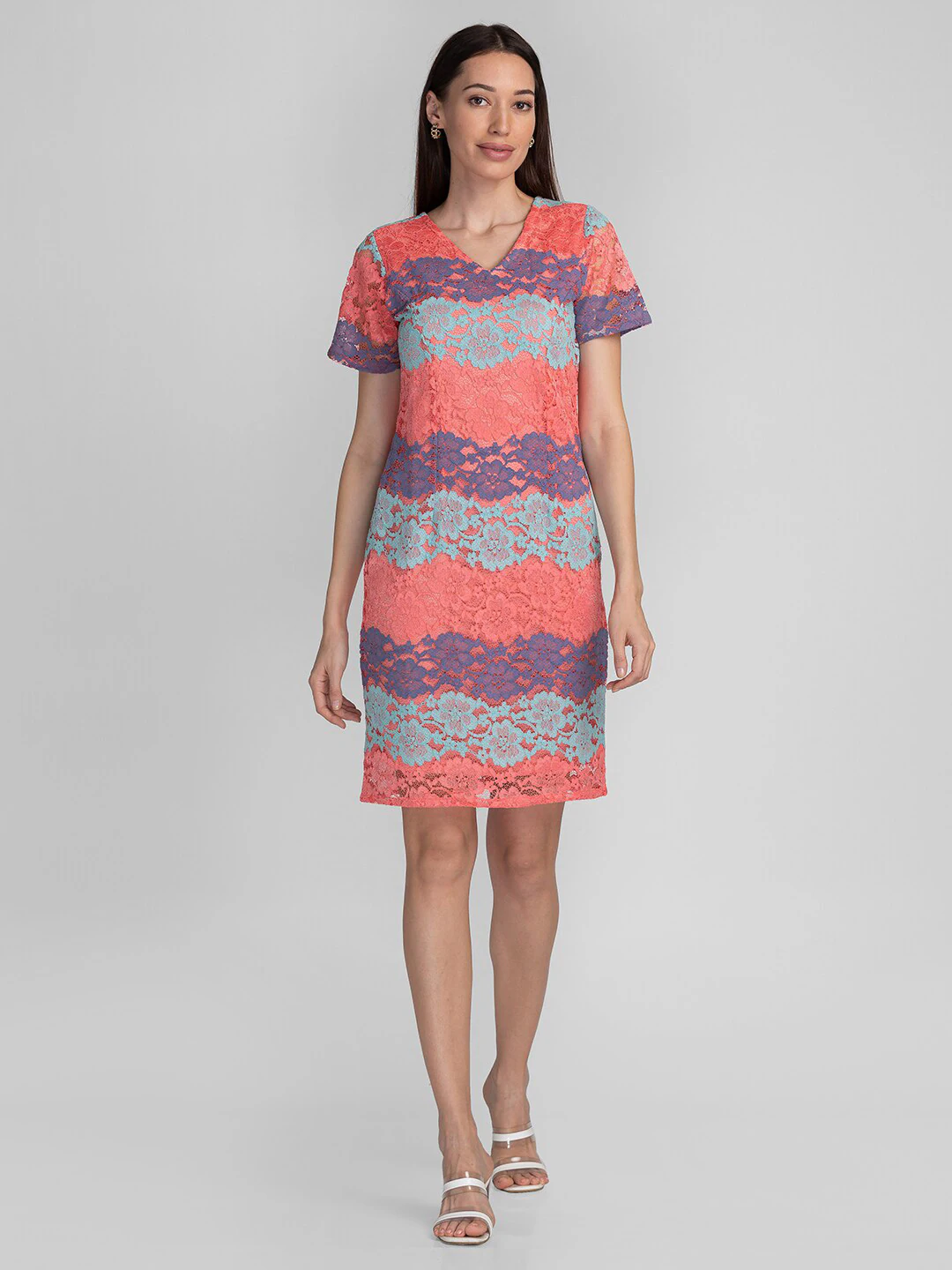 Globus Coral Self Design A-Line Lace Dress