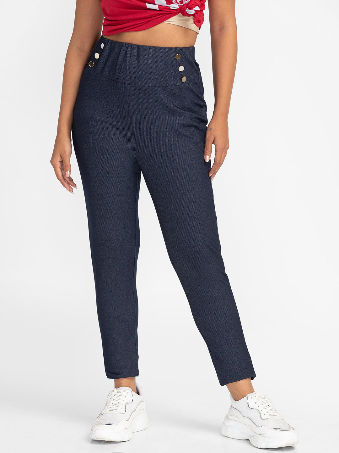 Globus Indigo Solid Skinny Fit Cropped Peg Trousers