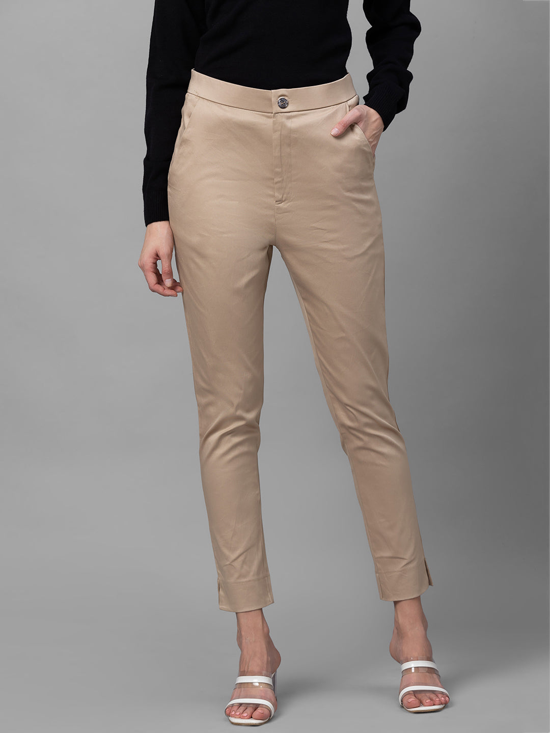 Globus Beige Solid Slim Fit Regular Trousers
