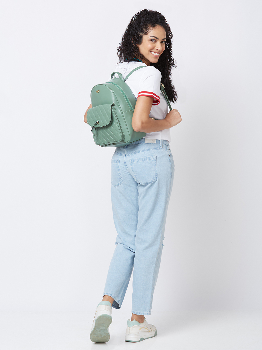 Globus Women Sage Green Textured Smart Casual Backpack