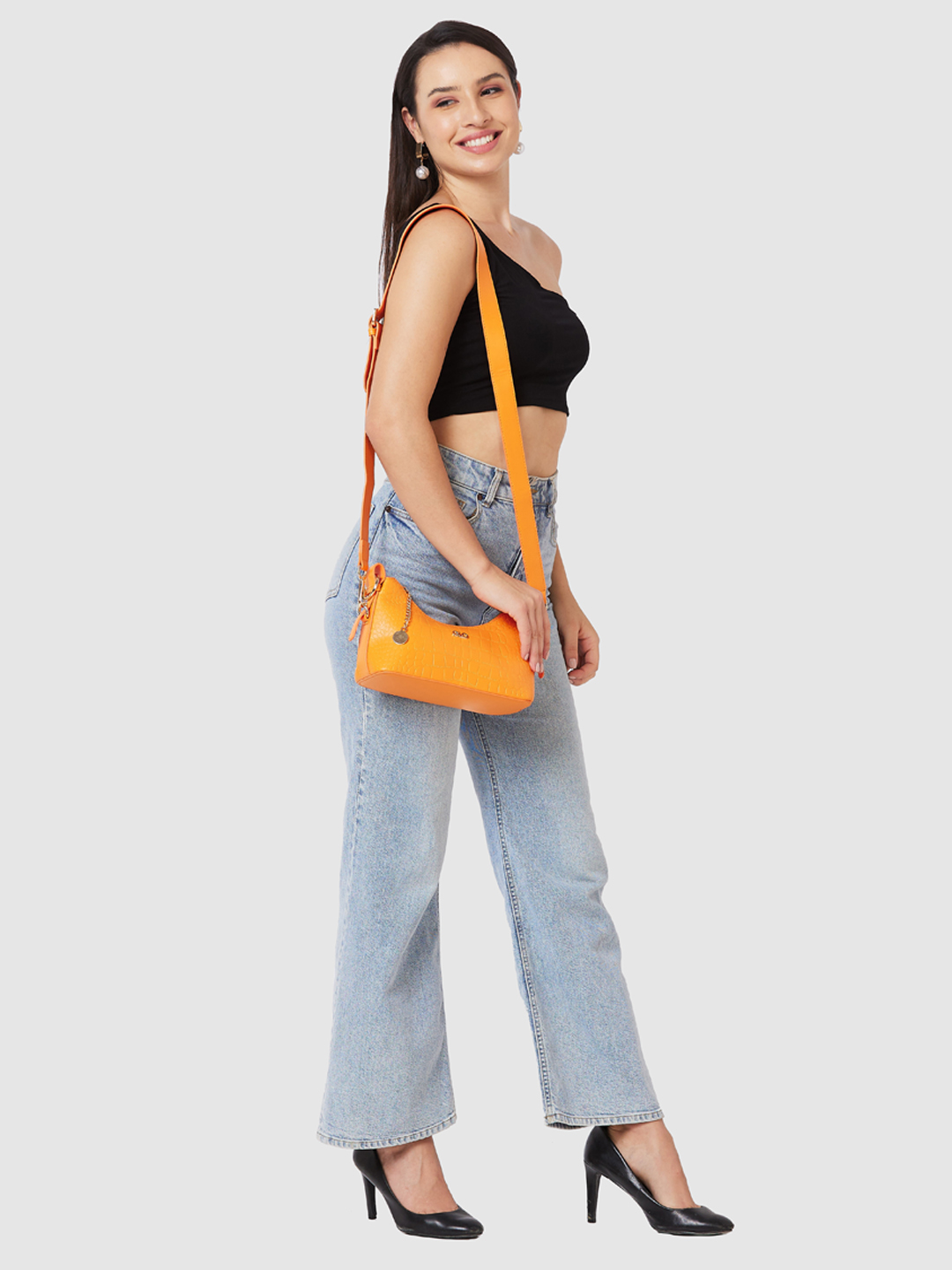 Globus Women Orange Textured Party Sling Bag