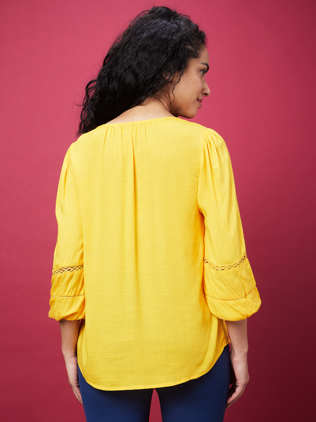 Globus Women Yellow V-Neck Puff Sleeves Work Wear Top
