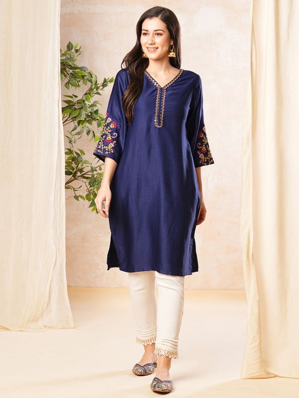 Globus Women Blue V-Neck Floral Embroidery Bell Sleeve A-Line Kurta