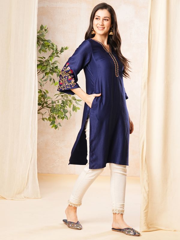 Globus Women Blue V-Neck Floral Embroidery Bell Sleeve A-Line Kurta