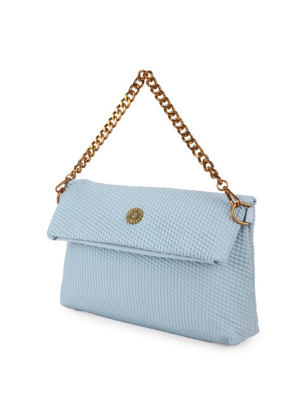 Globus Women Blue Textured Chain Handle Rectangular Party Shoulder Bag With Detachable Strap