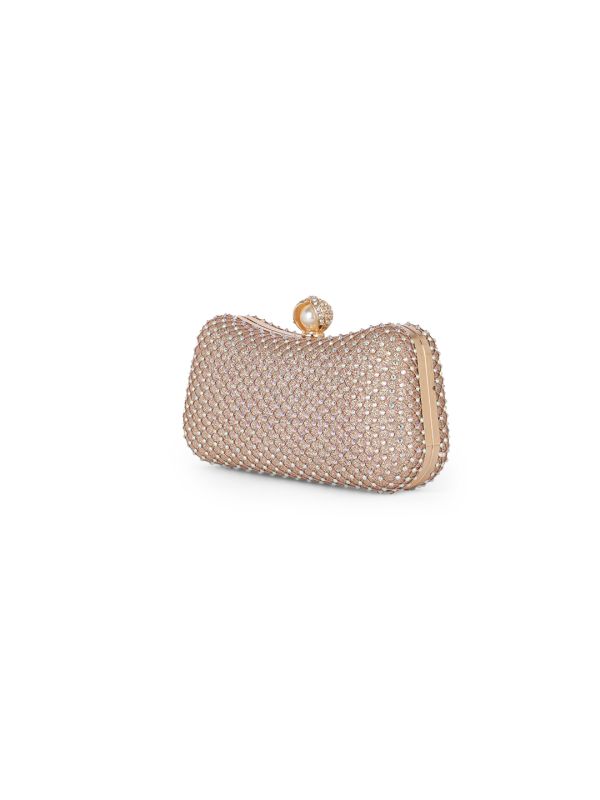 Globus Women Rose Gold Embellished Curved Shape Party Clutch With Detachable Chain Strap