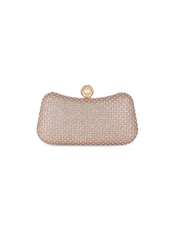 Globus Women Rose Gold Embellished Curved Shape Party Clutch With Detachable Chain Strap