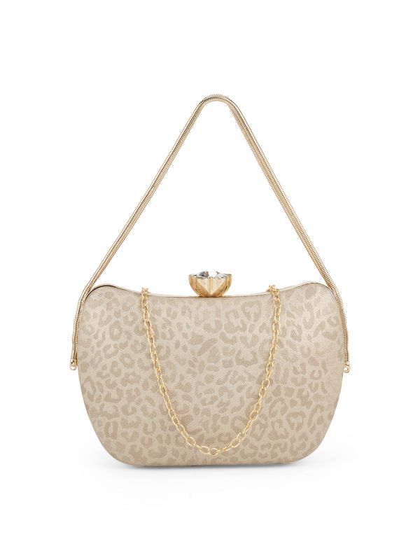 Globus Women Gold Animal Print Single Handle Boat Shape Party Clutch With Detachable Chain Strap