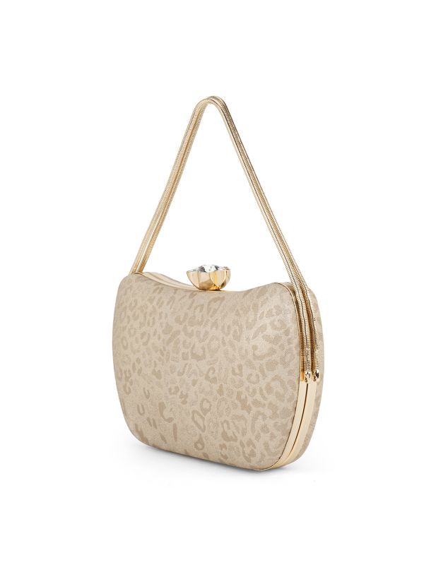 Globus Women Gold Animal Print Single Handle Boat Shape Party Clutch With Detachable Chain Strap