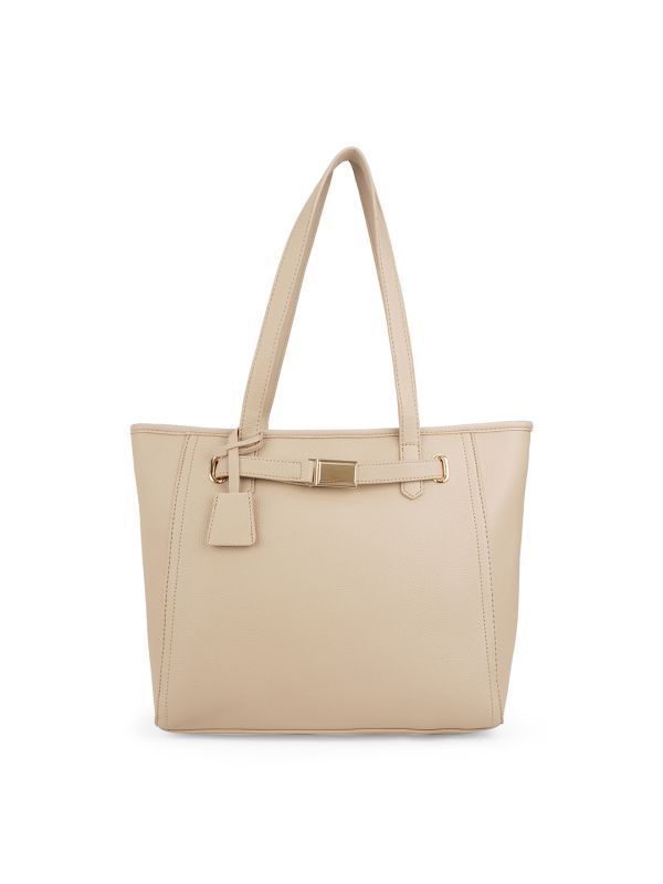 Globus Women Beige Textured Buckle Detail Double Workwear Handle Tote Bag