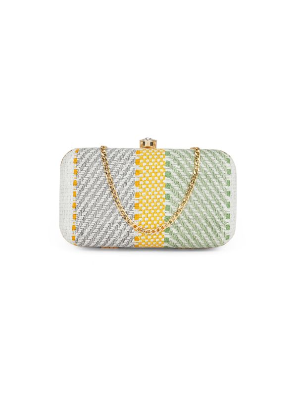 Globus Women Green Woven Design Rectangular Party Clutch With Detachable Chain Strap