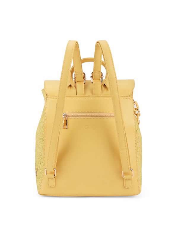 Globus Women Yellow Floral Lace & Chain Detail Yoke Style Strap Medium Backpack With Flap Closure