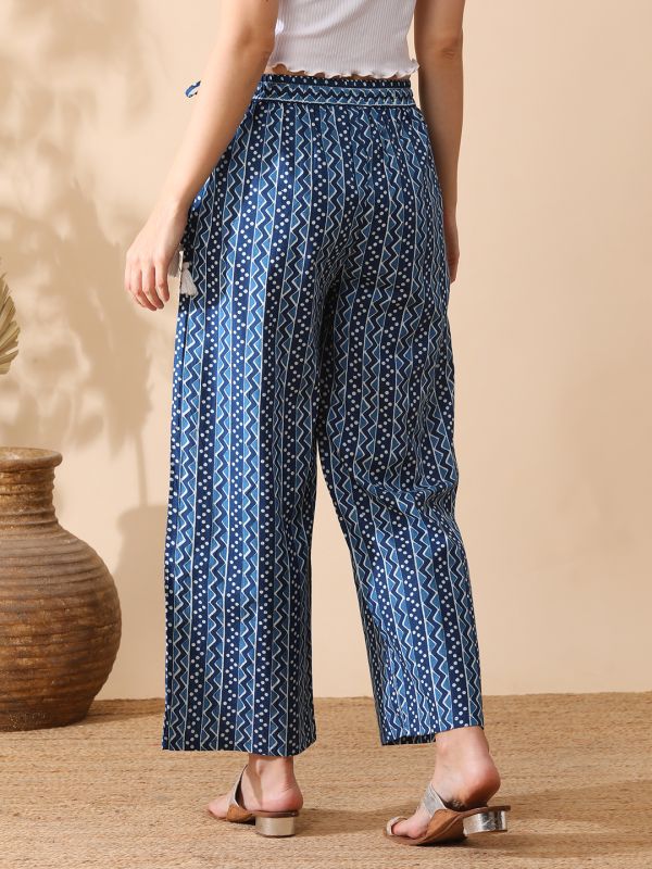 Globus Women Blue All Over Printed Straight Fusion Palazzos With Side Tassel Drawstring