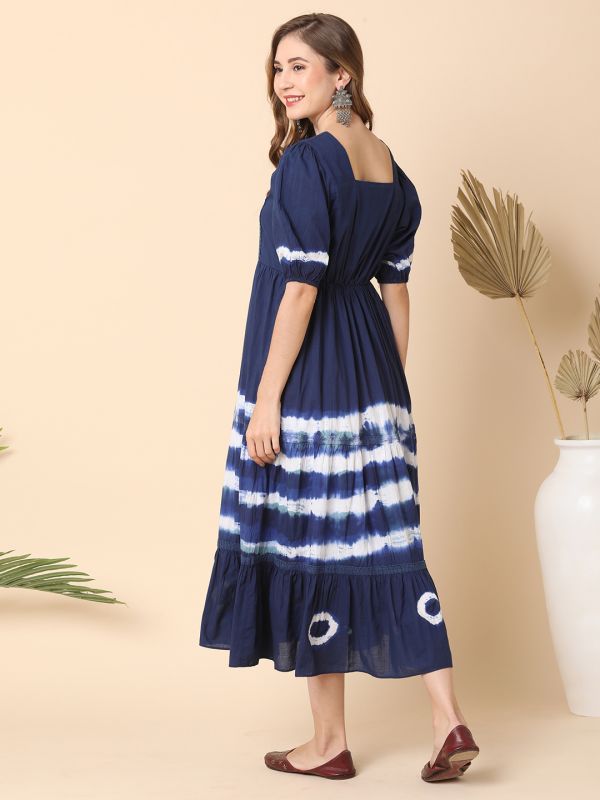 Globus Women Blue Puff Sleeve Tie and Dye Midi Dress