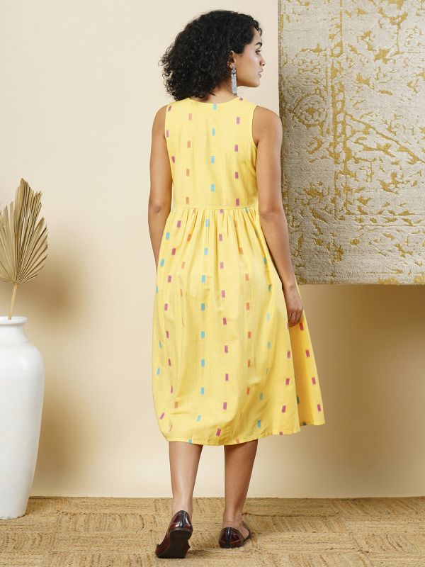 Globus Women Yellow Self Design V-Neck Gathered A-line Midi Dress