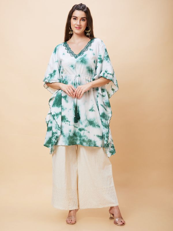 Globus Women Green Tie Dye V-Neck Fusion Kaftan Kurta