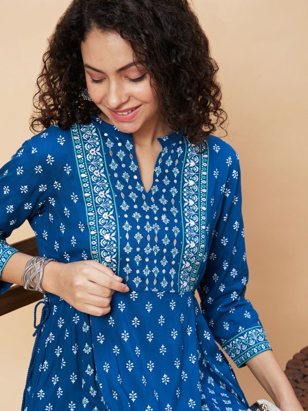 Globus Women Blue Ethnic Motifs Print Mandarin Collar Flared A-Line Panelled Kurta with Tie Up Details