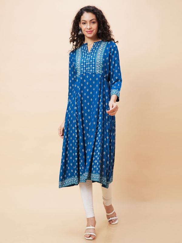 Globus Women Blue Ethnic Motifs Print Mandarin Collar Flared A-Line Panelled Kurta with Tie Up Details