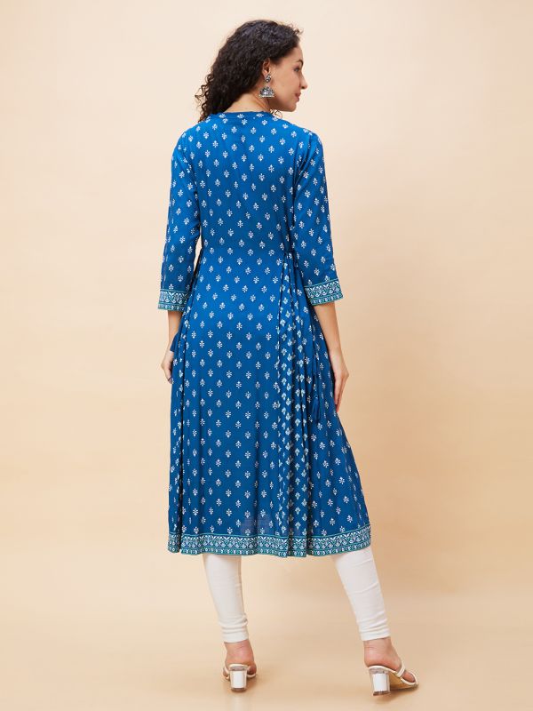 Globus Women Blue Ethnic Motifs Print Mandarin Collar Flared A-Line Panelled Kurta with Tie Up Details