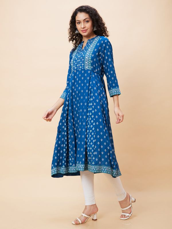 Globus Women Blue Ethnic Motifs Print Mandarin Collar Flared A-Line Panelled Kurta with Tie Up Details