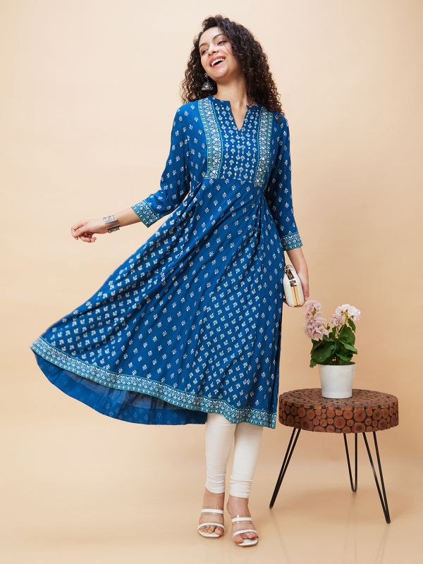 Globus Women Blue Ethnic Motifs Print Mandarin Collar Flared A-Line Panelled Kurta with Tie Up Details