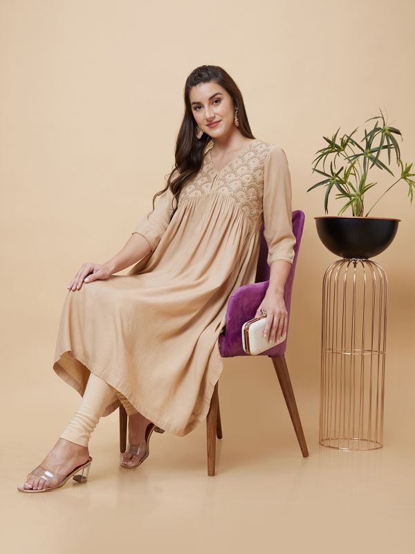 Globus Women Nude Yoke Embroidered V-Neck Fusion A-Line Kurta