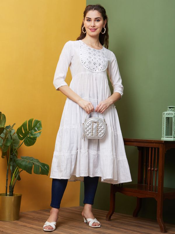 Globus Women White Cotton Embroidered Thread Work Daily Wear Round Neck Anarkali Flared Kurta