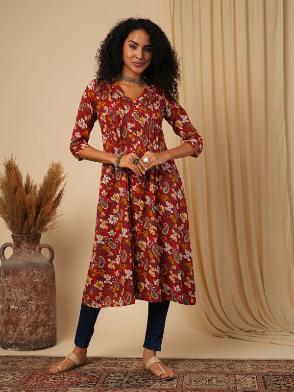 Globus Women Maroon V-Neck All-over Floral & Paisley Printed Front Slit Pleated Cotton A-Line Fusion Kurt 