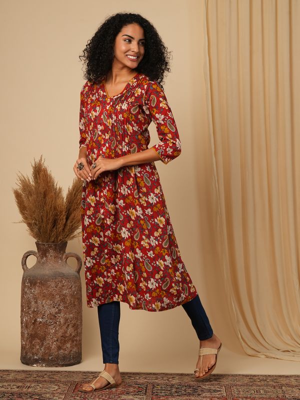 Globus Women Maroon V-Neck All-over Floral & Paisley Printed Front Slit Pleated Cotton A-Line Fusion Kurt 