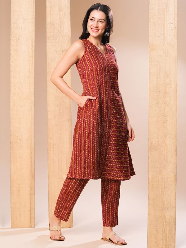 Globus Women Maroon V-Neck Geometric Print Kantha Work A-Line Kurta & Pants Set