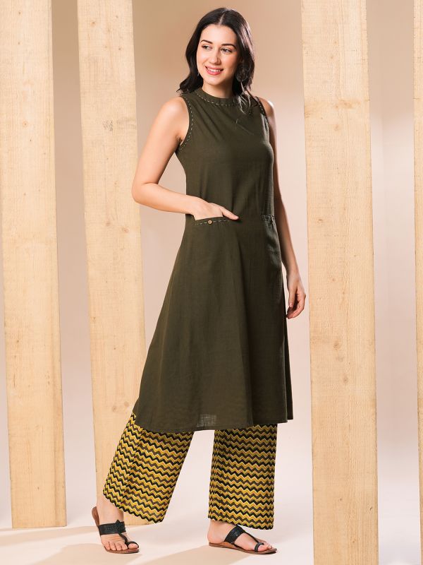 Globus Women Green A-Line Kurta With Printed Palazzos