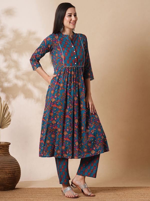 Globus Women Blue Allover Floral Printed Gathered A-Line Workwear Kurta With Straight Trousers Set