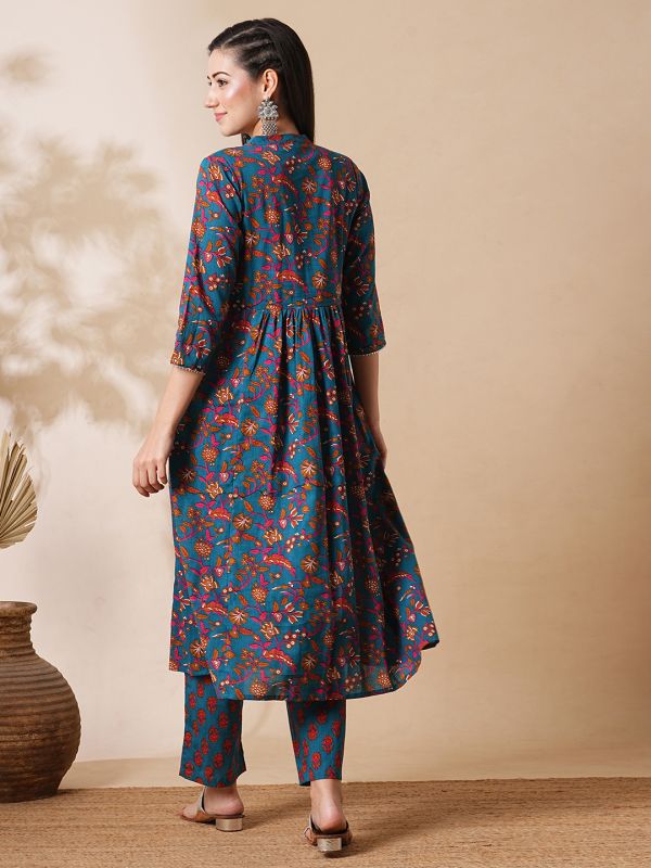 Globus Women Blue Allover Floral Printed Gathered A-Line Workwear Kurta With Straight Trousers Set