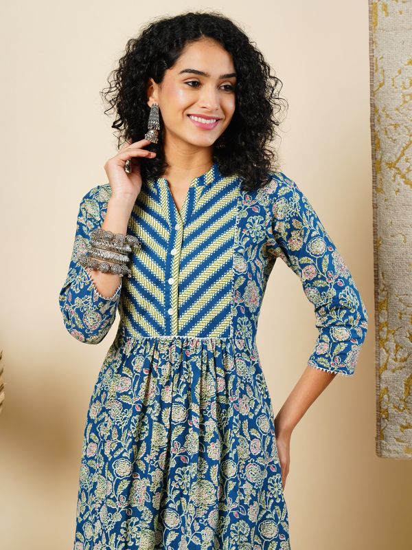 Globus Women Blue Floral Printed Mandarin Collar Pleated A-Line Workwear Kurta & Striped Pants Sets