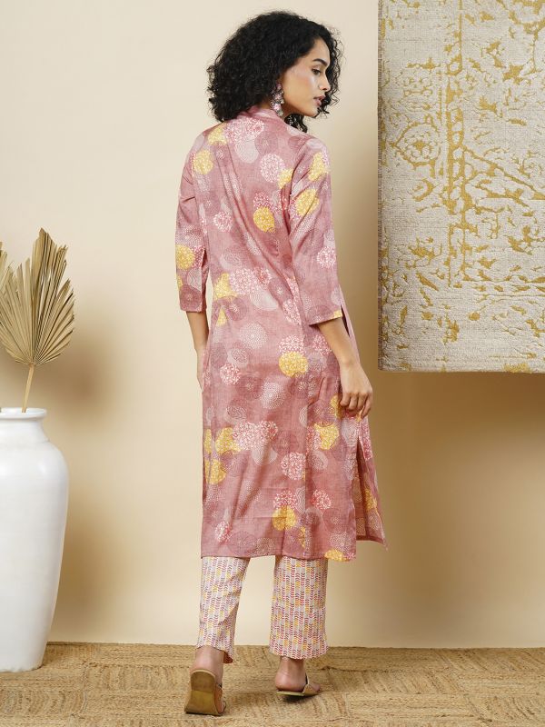 Globus Women Pink Mandarin Collar Abstract Print Panelled A-Line Workwear Kurta & Elasticated Waist Pants Sets