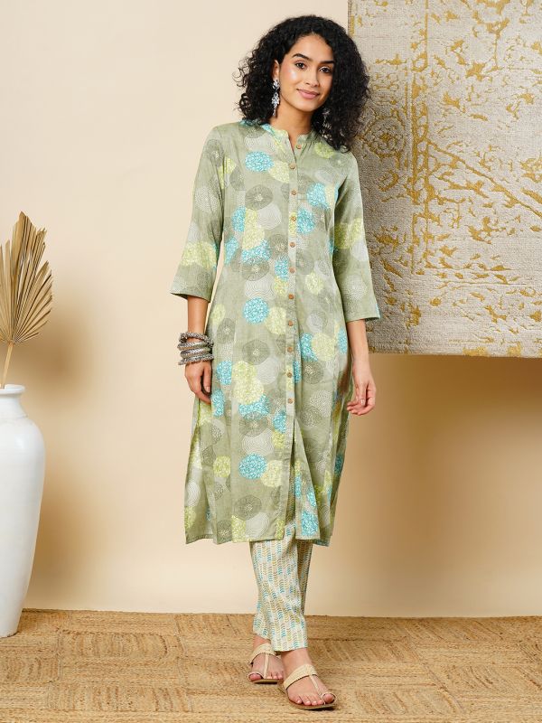 Globus Women Green Mandarin Collar Abstract Print Panelled A-Line Workwear Kurta & Elasticated Waist Pants Sets