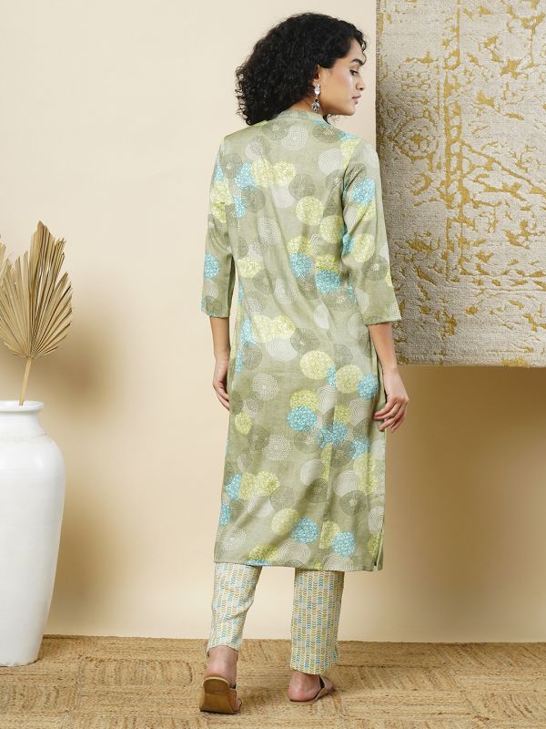 Globus Women Green Mandarin Collar Abstract Print Panelled A-Line Workwear Kurta & Elasticated Waist Pants Sets