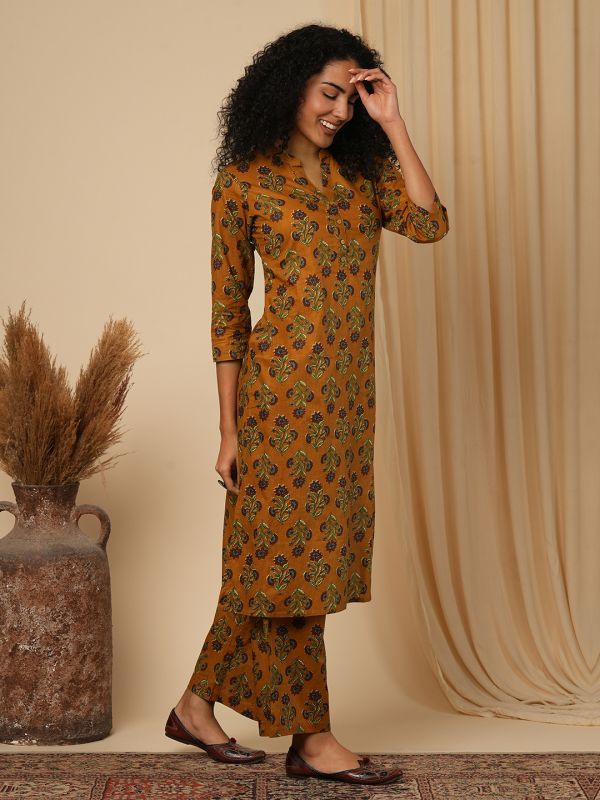 Globus Women Mustard All-over Floral Printed Mandarin Collar Workwear Kurta & Wide Leg Trousers Set