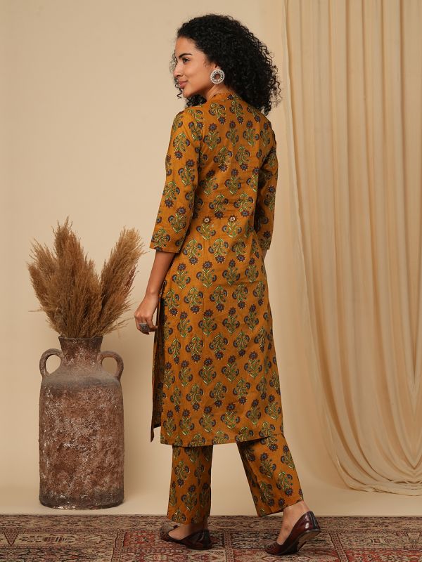 Globus Women Mustard All-over Floral Printed Mandarin Collar Workwear Kurta & Wide Leg Trousers Set