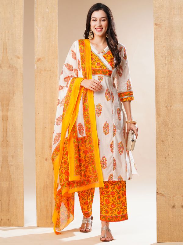 Globus Women Off-White Floral Printed Straight Panelled Workwear Kurta, Pants & Dupatta Set