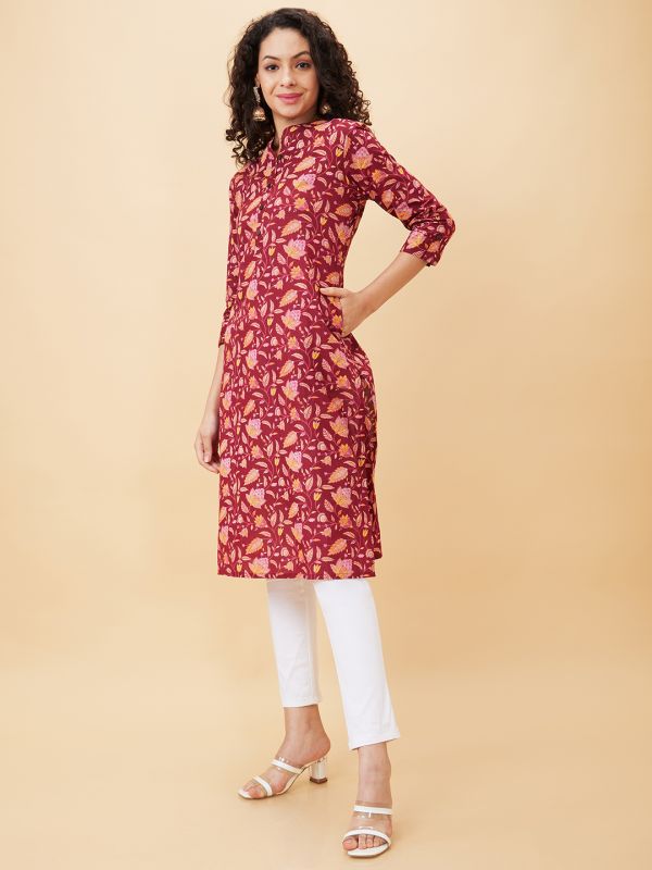 Globus Women Maroon Printed Mandarin Collar Straight Kurta