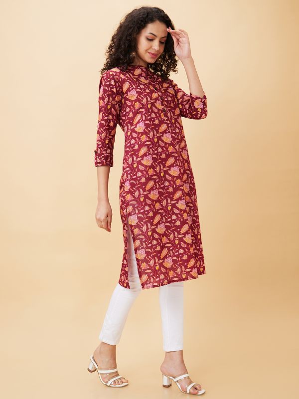 Globus Women Maroon Printed Mandarin Collar Straight Kurta