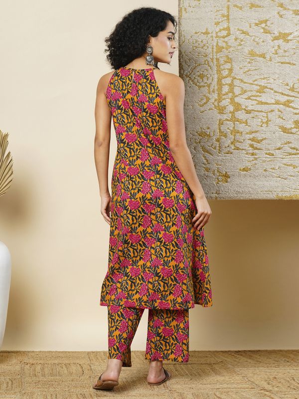 Globus Women Yellow Allover Floral Printed Halter Neck Flared Hem Pleated A-Line Workwear Kurta & Pants Sets