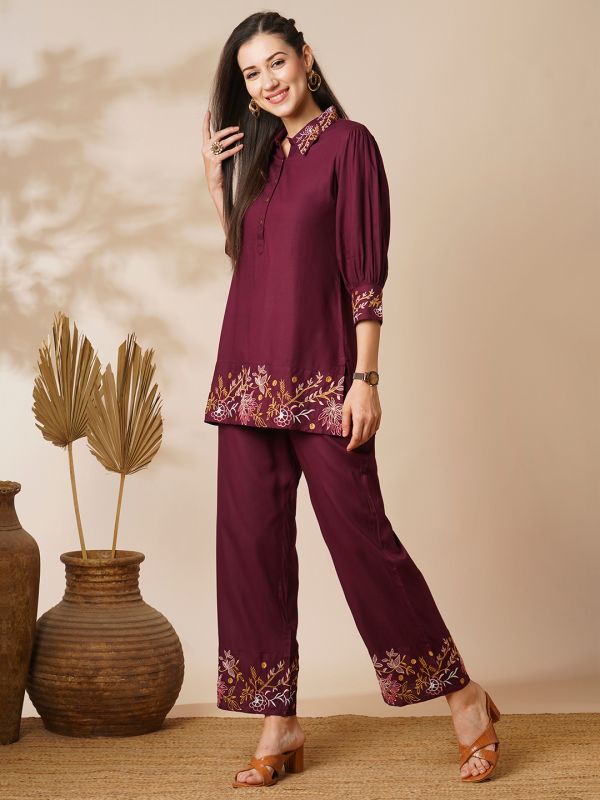 Globus Women Purple Floral Embroidered Shirt Collar Cuffed Sleeves Top & Mid-Rise Partially Elasticated Ankle Length Pants Fusion Co-Ord Set