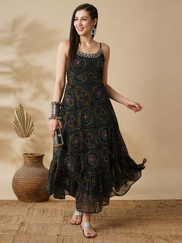 Globus Women Black Strappy Shoulder Bandhani Print Fit & Flare Dress Maxi Dress