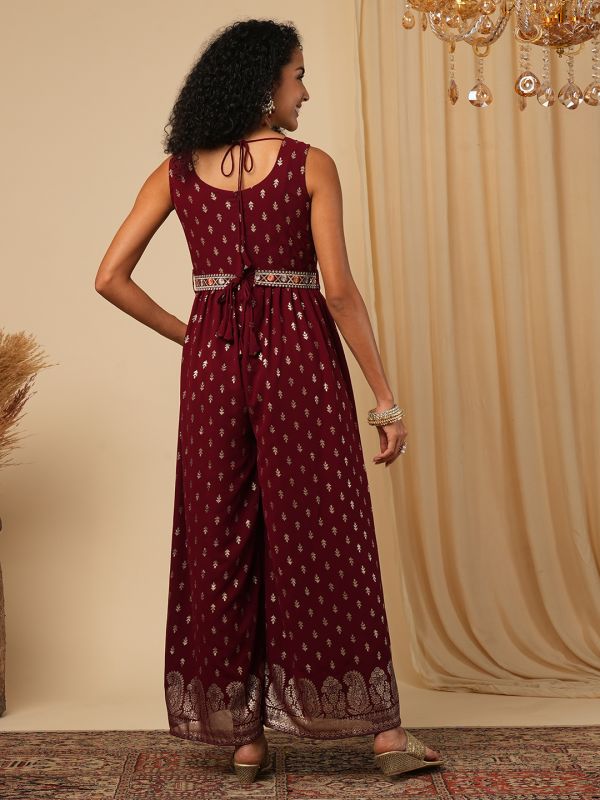 Globus Women Maroon Zari Embroidered Yoke Allover Ethnic Motifs Foil Print Pleated Fusion Jumpsuit with Belt